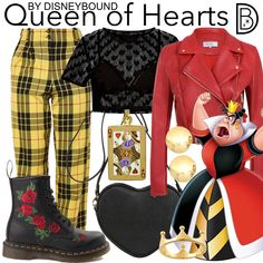 the queen of hearts is wearing plaid pants and red jacket