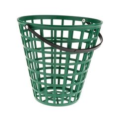 a green plastic basket with black handles