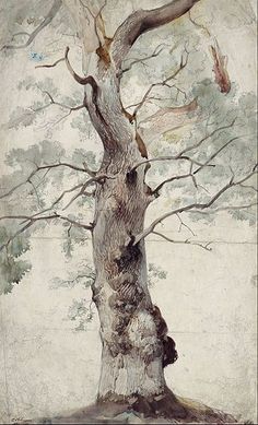 a painting of a tree with birds perched on it's branches in the background