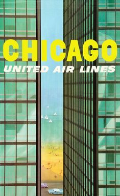 Giclee Fine Art Matte Paper Print American Travel Posters, Illinois Travel, Vintage Airline Posters, United Air, Chicago Poster, Chicago Print, Lake Shore Drive, Chicago Usa, An Nou Fericit