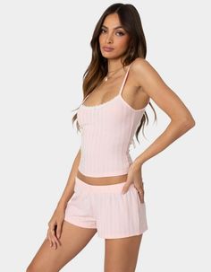 EDIKTED Irene Pointelle Tank Top - PINK | Tillys 2000s Pjs Aesthetic, 2000s Pjs, Future Clothing, Coquette Winter, Sleepy Princess, Pink Pjs, Overalls Boys, Wwe T Shirts, Cute Pajama Sets