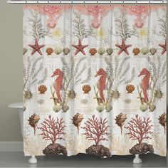 a shower curtain with seahorses and corals on it