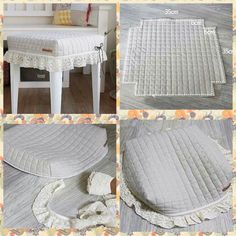 four images show the steps to make a quilted footstool for a bed