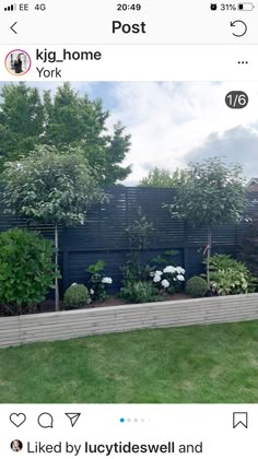 an instagram photo of a backyard garden with flowers and trees on the side wall