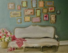 a painting of a white couch with pink flowers in a vase and framed pictures on the wall