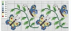 a cross stitch pattern with blue flowers and green leaves on the bottom half of it