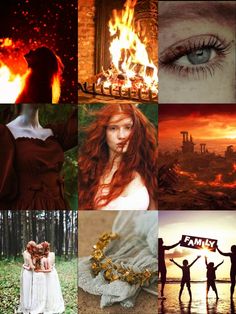 a collage of photos with fire and flames in the background, two people holding hands