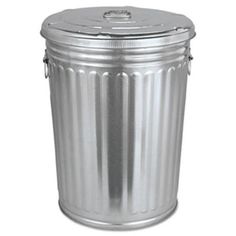 a metal trash can on a white background