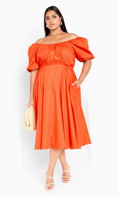 Rosabella Dress - tangerine Chic Orange Off-shoulder Dresses, Off Shoulder Square Neck Dress For Summer Brunch, Square Neck Off Shoulder Dress For Summer Brunch, Off-shoulder Orange Midi Dress For Summer, Summer Off-shoulder Orange Midi Dress, Summer Orange Off-shoulder Midi Dress, Spring Ruched Off Shoulder Midi Dress, Orange Off-shoulder Dress For Brunch, Elegant Summer Off Shoulder Dress With Square Neck