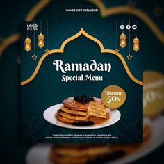 the ramaan special menu is displayed on a plate with blueberries and waffles