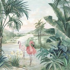 two pink flamingos are standing in the jungle