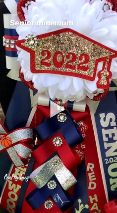 a red, white and blue graduation decoration with ribbons on it's headbands