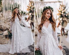 a woman wearing a white lace wedding dress with long sleeves and flowers in her hair