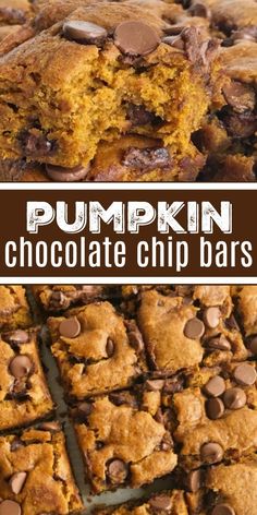 pumpkin chocolate chip bars cut into squares and stacked on top of each other with text overlay