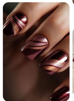 Plum Nails With Design Rose Gold, Gel Nail Designs Burgundy, Wine Red Nails Designs Fall, Maroon And Rose Gold Nails, Fingernail Designs Classy, Rose Gold Fall Nails, Gel Nail Designs For Fall Autumn, Dark Wine Nails With Design, Fall Nail Designs Autumn Burgundy