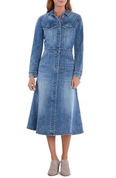 Embolden your everyday ensembles with this versatile denim dress that has intentionally placed sanding for down-home style. 48" length Front button closure Point collar Long sleeves with button cuffs Chest button-flap patch pockets; front scoop pockets; back patch pockets Unlined 95% cotton, 4% polyester, 1% spandex Machine wash, tumble dry Imported Jean Dress Long Sleeve, Denim A Line Dress, Denim Dress Winter, Denim Dresses For Women, 2024 Wardrobe, Long Sleeve Denim Dress, Denim Dresses, Retro Blue, Cool Clothing