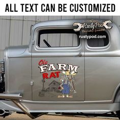 an old car with the words, all text can be customized on it's side