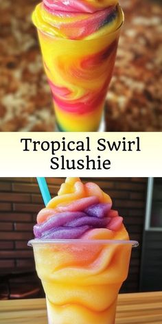 two different types of ice cream on top of each other with the words tropical swirl slushie above them