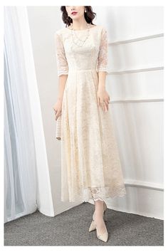 10% off now! Shop modest tea length lace semi party dress with lace sleeves online. Sheprom offers formal, party, casual & more style dresses to fit your special occasions. Asian Dresses Fashion, Half Sleeve Dresses For Spring Wedding Guests, Spring Half Sleeve Wedding Guest Dress, Half Sleeve Dresses For Wedding Guests In Spring, Spring Wedding Guest Dress With Half Sleeves, Modest Midi Dress With Lace Trim, Modest Spring Dress With Lace Sleeves, Spring Wedding Midi Dress With Lace Sleeves, Short Sleeve Lace Maxi Dress For Prom