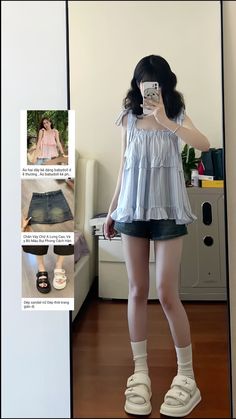 Outfits Ideas Korean Style, Mirror Selfie Dress Outfit, Chinese Summer Outfits, Korean Summer Outfit, Korean Outfits Summer, Summer Outfit Korean, Japanese Fashion Summer, Cute Sneaker Outfits, Summer Outfits Korean