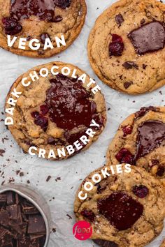 chocolate chip cookies with cranberry toppings on top and the words vegan above them