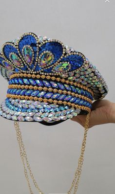 Luxury Blue Hat For Festivals, Rave Hats, Theme Carnaval, Bespoke Hats, Sequin Hat, Samba Costume, Festival Hat, Military Hat