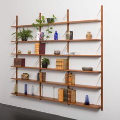 a wooden shelf with books and plants on it