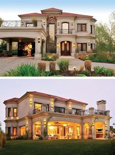 two pictures side by side of a large house and the same one with lights on it