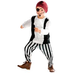 a young boy dressed up as a pirate with red hair and eyepatches