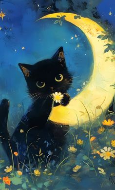 a painting of a black cat sitting on the moon with flowers in its paws and looking at the camera