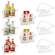 six clear storage bins holding condiments and bottles