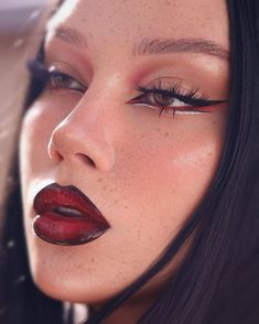 Red White And Black Makeup Looks, Eyeshadow Looks Red And Black, Red And Black Makeup Full Face, Black Red And White Makeup, Black And Red Makeup Ideas, Dark Red Eye Makeup Looks, Red Black Lip Combo, Red Black Eyeliner, Black Lined Red Lips