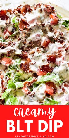 a salad with bacon, lettuce and ranch dressing on it in a white bowl