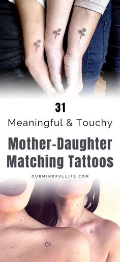 two people holding hands with tattoos on their arms and the words,'beautiful & touchy mother - daughter matching tattoos '