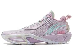 the adidas basketball shoe is pink and white with blue accents on the upper part