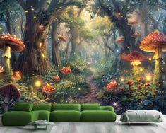 a living room with a green couch and wall mural depicting mushrooms in the forest at night