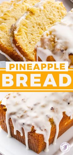 there is a cake with white icing on it and the words pineapple bread