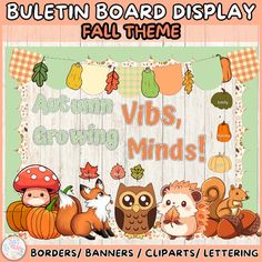 an autumn themed bulletin board display with animals, mushrooms and pumpkins on the front