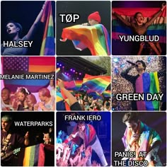 many pictures of people with different colors and names on them, including one woman holding a rainbow flag