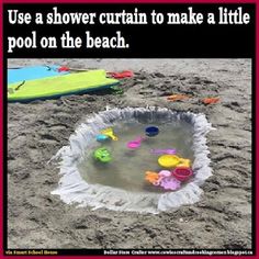 an image of a beach scene with the caption use a shower curtain to make a little pool on the beach