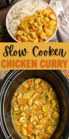 slow cooker chicken curry with rice and carrots in the foreground, an image of