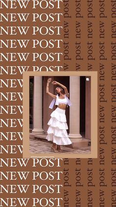 a woman in a white dress standing next to a postcard with the words new post on it