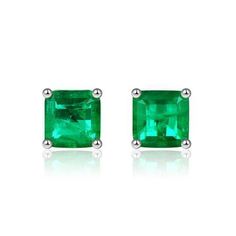 Princess Cut Emerald Green Stud Earrings - Black Diamonds New York Blood Diamonds, Emerald Green Earrings, Emerald Earrings Studs, Blood Diamond, Cvd Diamond, Gemstone Stud Earrings, Hypoallergenic Jewelry, Emerald Earrings, Gemstone Studs