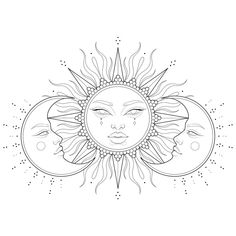 the sun and moon face in black and white