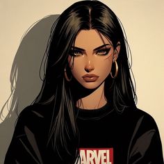 a woman with long black hair wearing an avengers t - shirt and gold hoop earrings