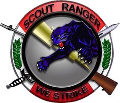 the logo for scout ranger we strike with a black cat and two knives on it