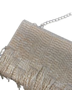 7.5L x 5W x 2D Luxury Handheld Beaded Shoulder Bag, Beaded Top Handle Bag As Fashion Accessory, Formal Beaded Shoulder Bag With Top Handle, Formal Beaded Top Handle Shoulder Bag, Luxury Beaded Bags For Everyday Use, Luxury Beige Embellished Bags, Elegant Beaded Top Handle Bag, Luxury Beaded Clutch Shoulder Bag, Chic Beaded Crossbody Shoulder Bag