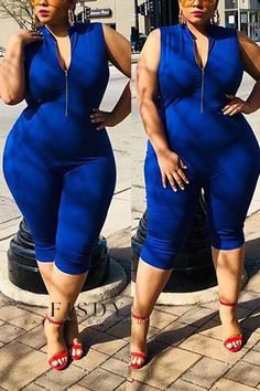 Fisdy - Sofisticado mono Azure sin mangas y con cremallera: un conjunto atemporal y seductor Zipper Jumpsuit, Jumpsuit Blue, Jumpsuit Elegant, Casual Vest, Plus Size Jumpsuit, Long Sleeve Jumpsuit, Curvy Girl Fashion, Office Lady, Clothing Dresses