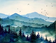 watercolor painting of mountains and trees with birds flying over them in the sky above