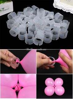 several pictures of different shapes and sizes of pink balloons in the shape of heart shaped rings